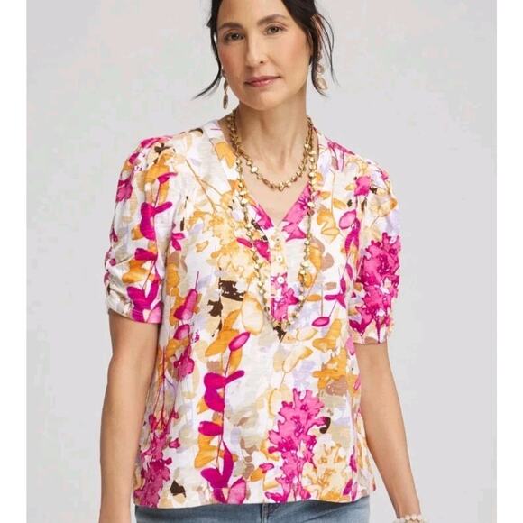 Chico's Size 3 US XL Slub Knit Split Neck Henley Tee Colorful Floral - Picture 1 of 9